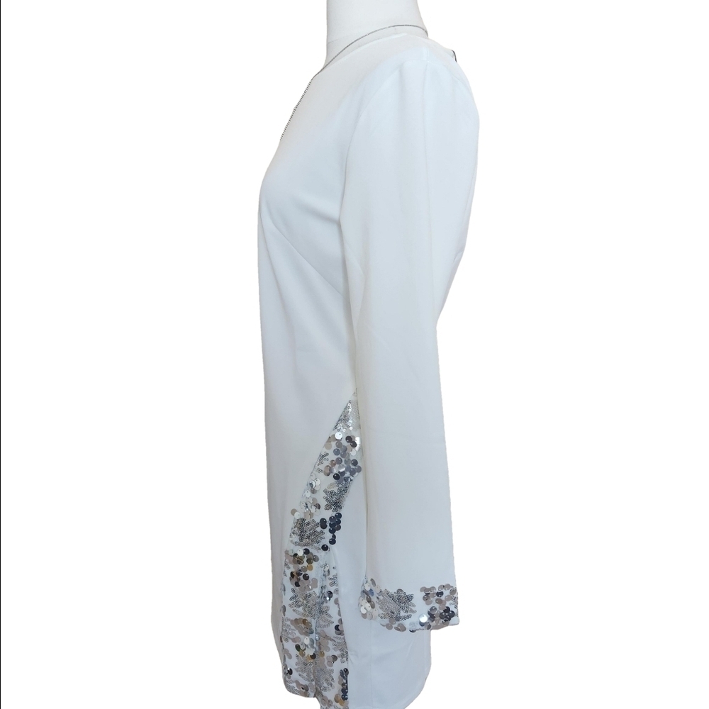 NWT Nylon Apparel Solid White Long Sleeve Side Slit Sequin Short Dress - Picture 5 of 6